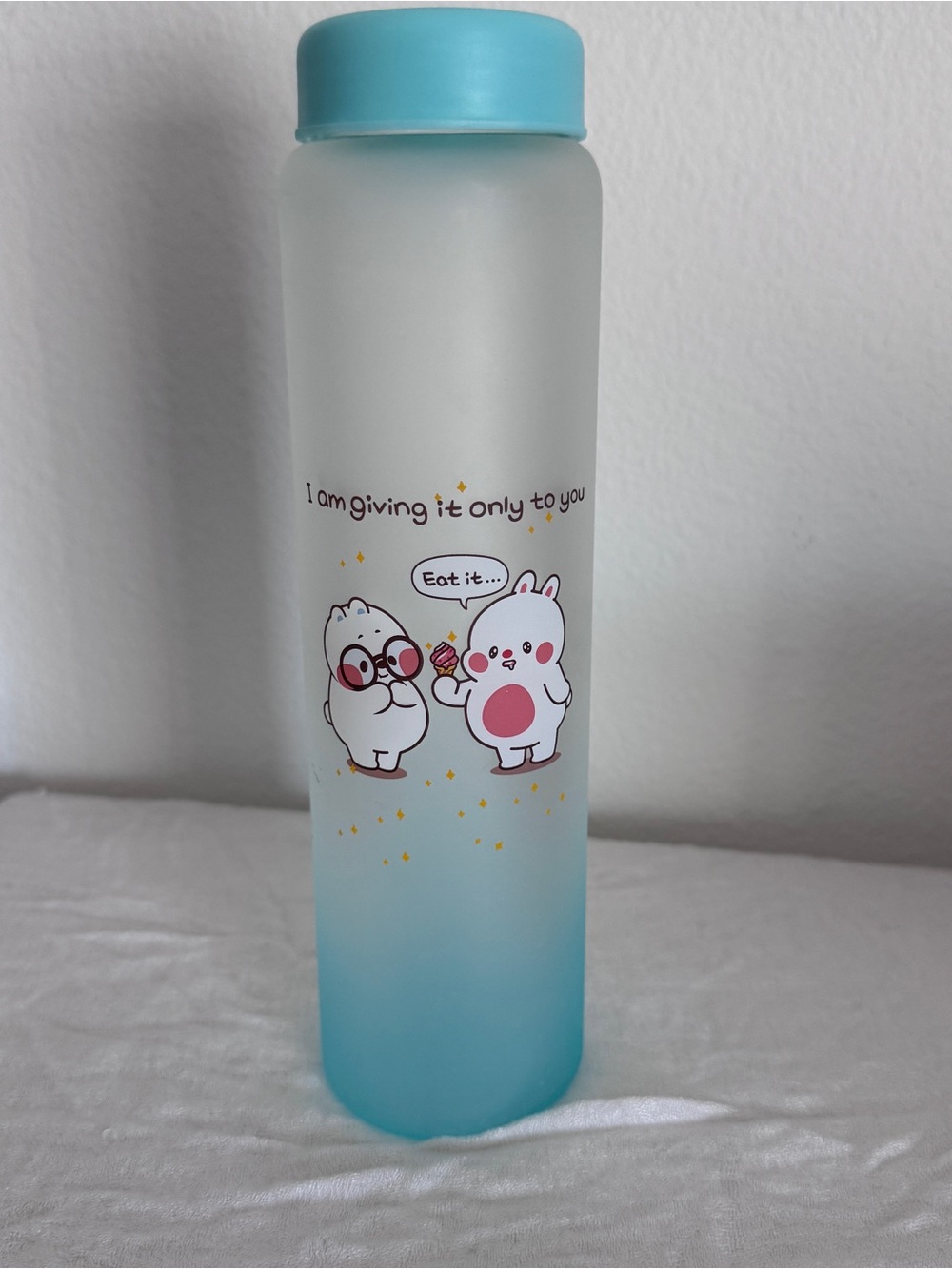 Cute Blue Ombre Cartoon Glass Water Bottle